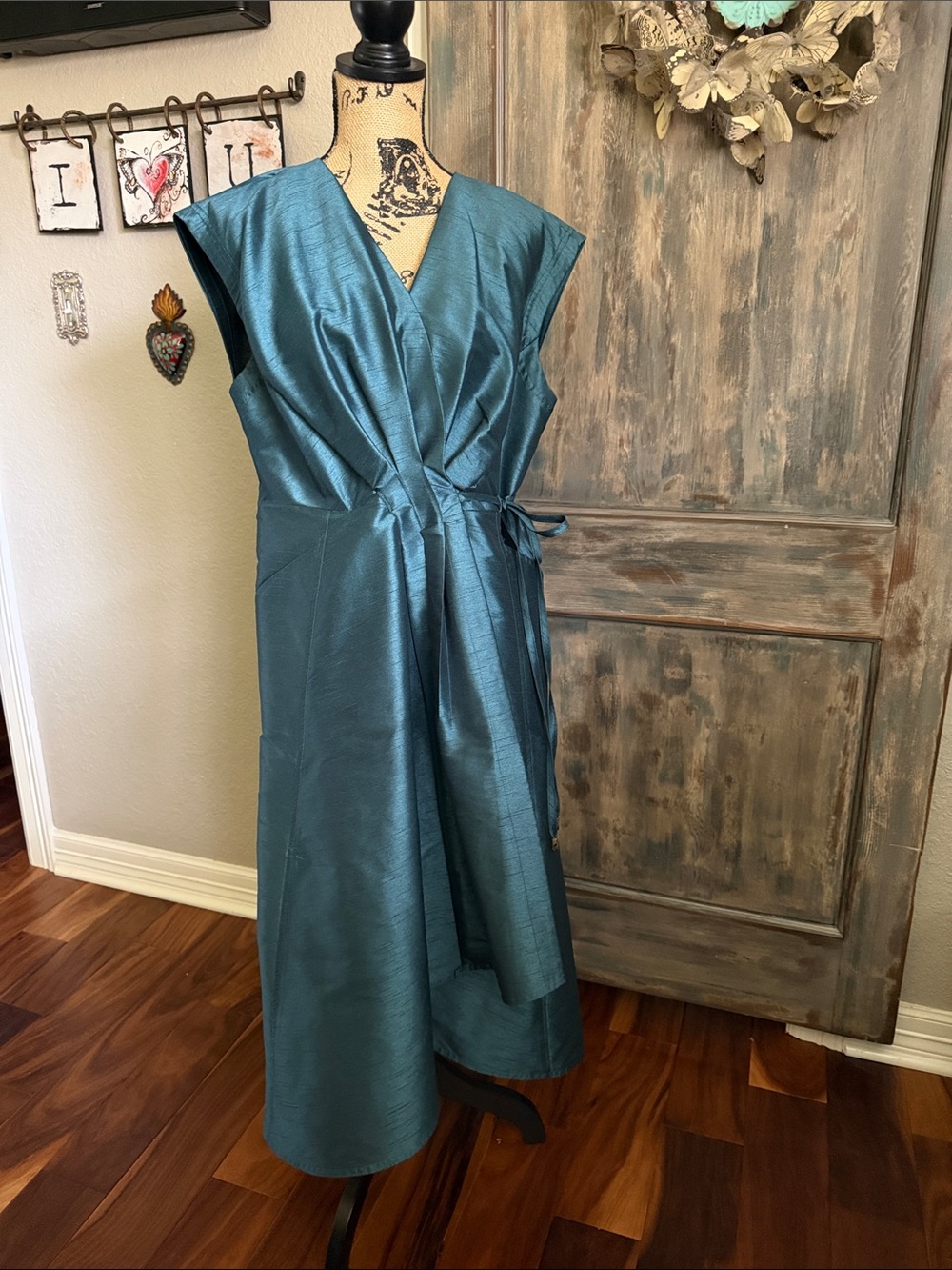 Donna Karan Teal Wrap-Style Midi Dress